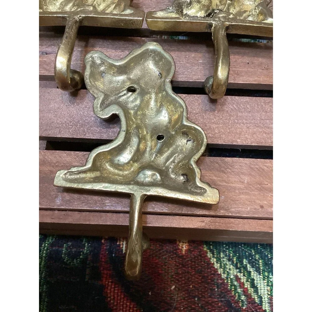 Vintage Brass Metal Pluto Wall Door Coat Hooks Dog Hound Shape Hangers Set of 6